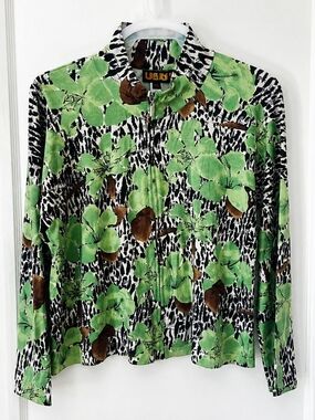 Vintage UbU Silk Blend Floral Print Zip Front Jacket PL Green Black